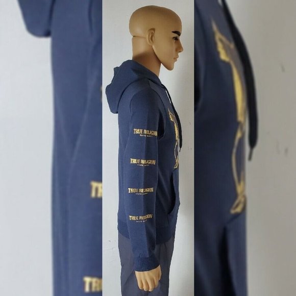 TRUE RELIGION LOUNGEWEAR HODDIE MEN' GUITAR BUDDHA LOGO/ICON NAME ON SLEEVE SZ L - Picture 3 of 9